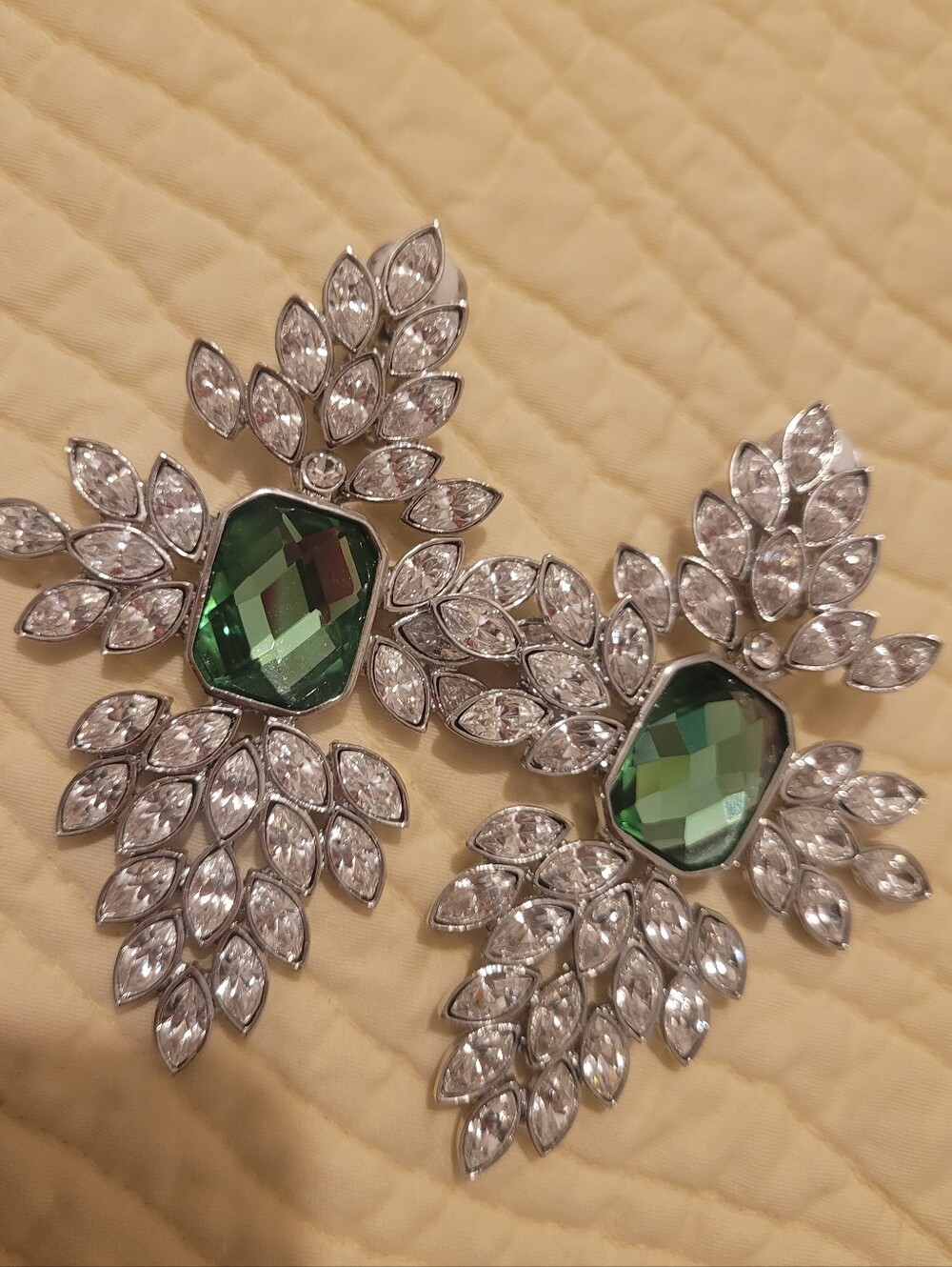 Green Crystal Statement Earrings - Silver Tone